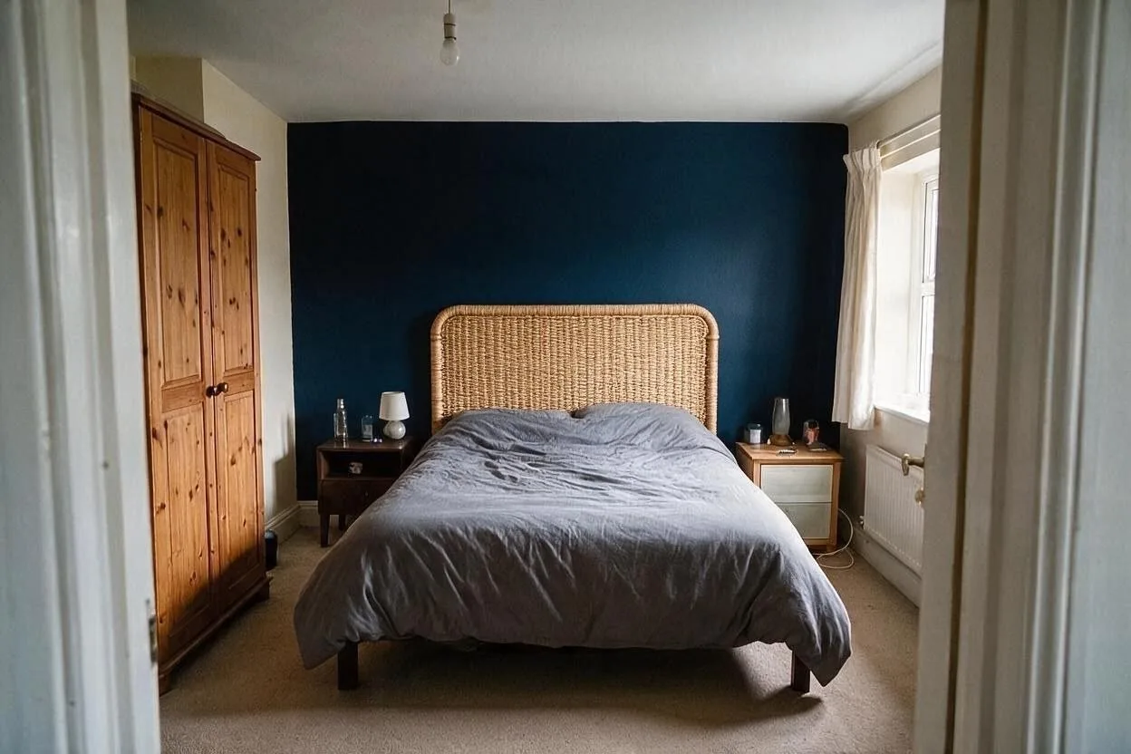 The same room after: Swap the headboard for a tall rattan one.