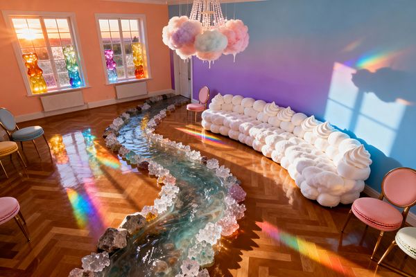 A whimsical dining room shows a glossy herringbone wood floor crossed by a meandering, water-like resin river bordered with gemlike crystal clusters. A curved, cloud-shaped white sofa lines a blue-to-lilac gradient wall beneath a cotton-candy cloud chandelier with glass beads, while pastel pink and blue dining chairs with gold legs sit near peach walls and windows displaying large translucent gummy-bear sculptures lit by sunset prisms.