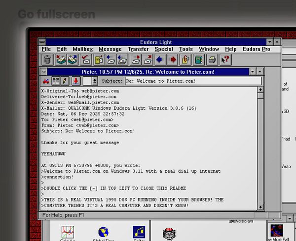The image displays an email interface from Eudora Light, showing a message thread related to the domain pieter.com.