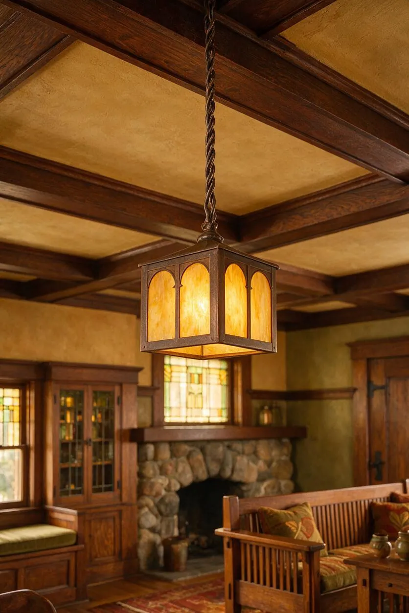 A Craftsman-style room features a square hanging lantern pendant with amber glass panels suspended from a twisted cord. Below it are rich wood trim, a stone fireplace, built-in cabinetry, and warm earth-toned furnishings that create a cozy, historic atmosphere.