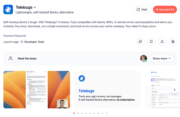 The image displays a Product Hunt page for Telebugs, a self-hosted Sentry alternative.