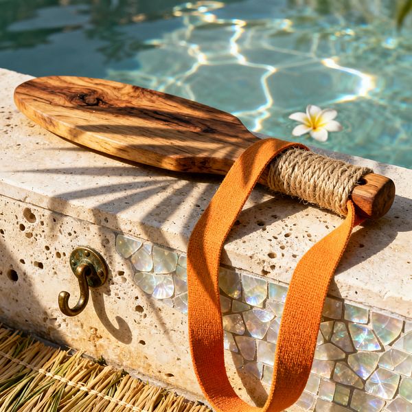 A sunlit poolside edge in a tropical home gym shows a smooth wooden paddle with a jute-wrapped handle and burnt-orange cotton strap resting on porous travertine coping. Iridescent mother-of-pearl mosaic tiles and an aged brass hook detail the stone face, while rippling turquoise water and a floating white plumeria blossom reflect palm shadows. A woven natural-fiber mat lines the foreground.