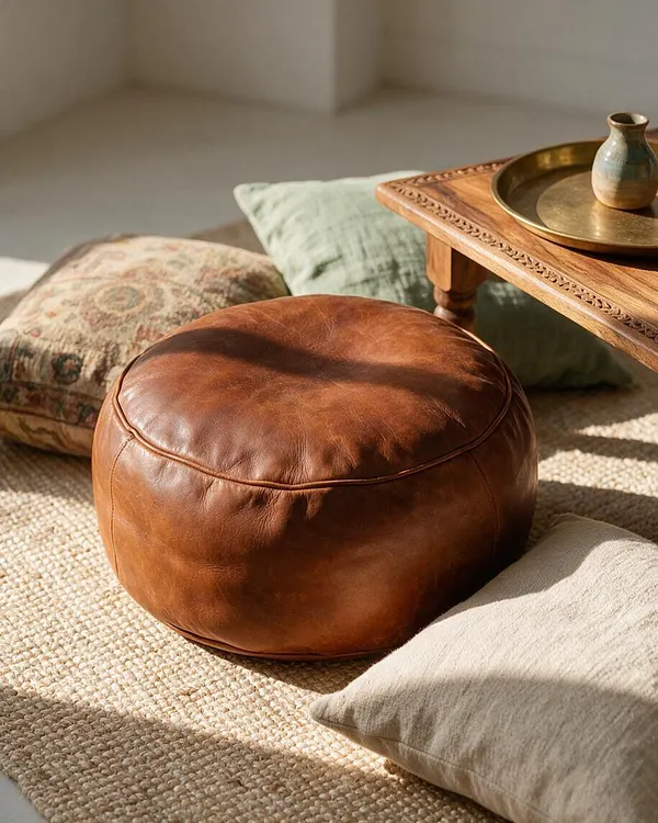 A cozy bohemian-style seating corner with a round brown leather pouf on a woven jute rug, surrounded by patterned and solid linen floor cushions. A carved wooden low table holds a brass tray and small ceramic vase, all lit by warm natural sunlight.