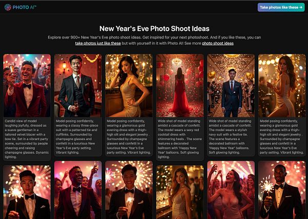 A collection of stylish New Year's Eve photo shoot ideas presented in a card-like layout.