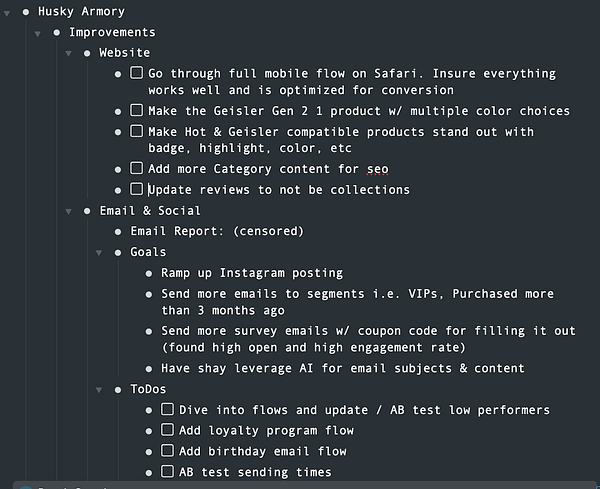 A detailed task list for improving website and email strategies for Husky Armory.