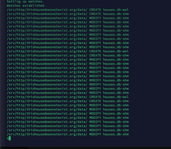 The image displays terminal output from the inotifywait command monitoring a specific data folder.