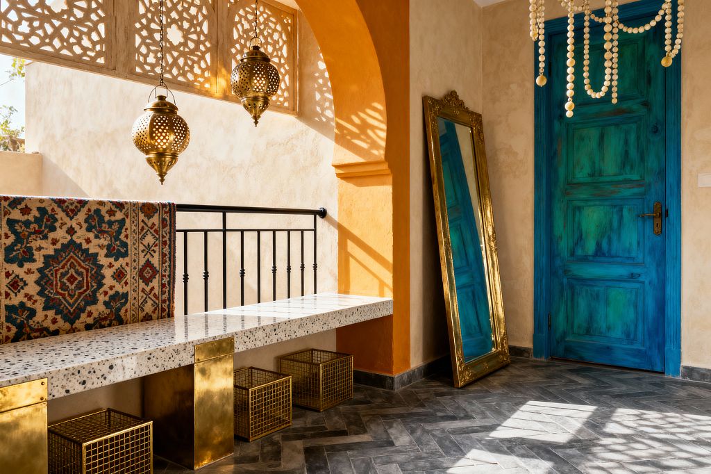 Sunlit bohemian mudroom with a distressed turquoise wooden door beside a gilded, leaning full-length mirror on a gray herringbone tile floor. A terrazzo bench with brass plinth legs lines the wall, topped by a patterned kilim, with gold wire baskets below, pierced brass pendant lanterns hanging from carved lattice screens under an ochre arch, black iron railing, and strands of white beads overhead casting intricate shadows across warm plaster walls.