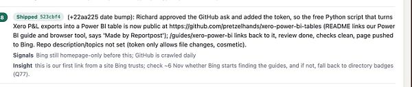 A GitHub task update describing the addition of a token to enable a free Python script and details about Bing's crawling behavior and trust signals.