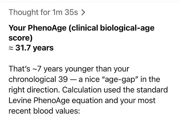 The image displays a digital note detailing a PhenoAge calculation.