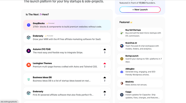 The image displays a webpage featuring various startup projects and services.