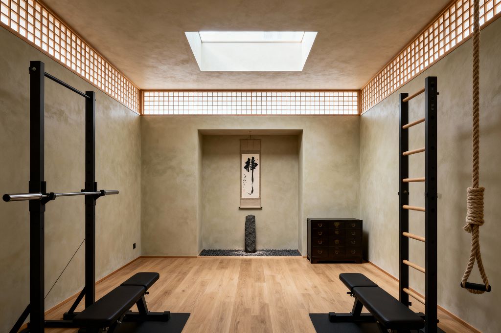 A minimalist home gym with light oak flooring and warm beige plaster walls features a central tokonoma alcove displaying a vertical calligraphy scroll above a standing stone set on black pebbles. Perimeter shoji-style clerestory screens and a square skylight bathe the room in soft daylight, while a black squat rack with barbell and bench sits left, Swedish wall bars and a climbing rope hang right, and a low dark tansu chest rests near the rear wall.