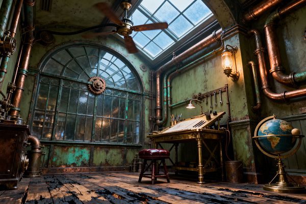 A moody steampunk home office features a brass drafting table beneath a gridded skylight, surrounded by exposed copper pipes and distressed verdigris-green walls. An iron-framed arched window with a gear detail anchors the space, while a red leather stool, an Edison-style wall sconce, and a ceiling fan add warmth. Weathered plank flooring and a brass globe complete the Victorian-industrial workspace.