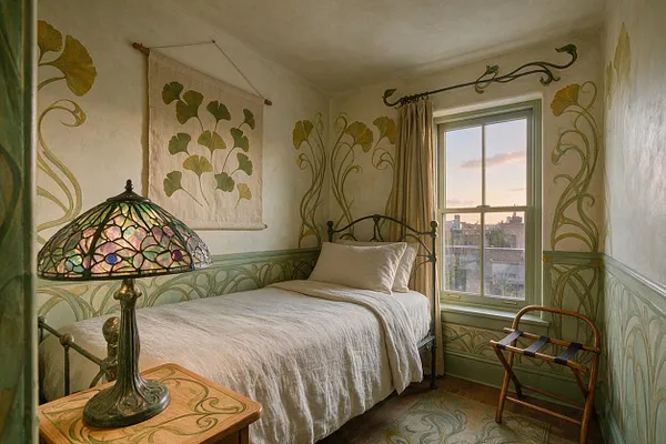 A small guest bedroom with a single bed dressed in white linens, a stained-glass table lamp on a wooden nightstand, and Art Nouveau vine murals painted around the walls. A large window brings in soft evening light, and a wooden luggage rack sits beside the bed, creating a cozy vintage atmosphere.