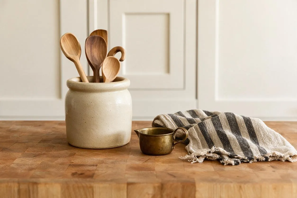 A farmhouse-style kitchen still life shows a cream ceramic crock filled with wooden spoons on a butcher block countertop. Beside it sits a small brass cup and a folded striped linen towel in neutral beige and gray tones.