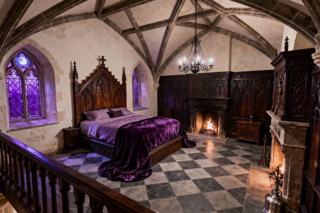 A Gothic bedroom with a ribbed vaulted stone ceiling, dark carved oak paneling, and a lit fireplace. A high, cathedral-style headboard anchors a bed dressed in lilac bedding with a deep purple velvet throw. Pointed stained-glass windows cast violet light across a checkerboard stone floor. A wrought-iron chandelier hangs overhead, and a wooden balustrade frames the foreground, creating a dramatic, warm atmosphere illuminated by firelight and colored glass.