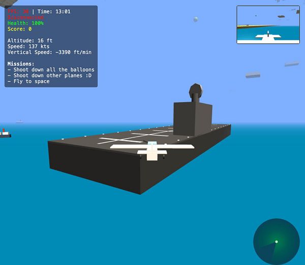 3D model of a flight deck ship positioned above a landscape with water and terrain, shown in a 3D modeling software viewport.