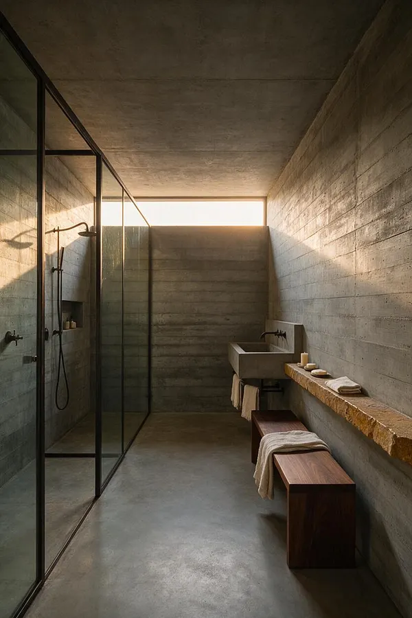 A Brutalist master bathroom featuring exposed concrete walls and ceiling, a glass-enclosed shower on the left, and a rectangular concrete sink against the far wall. A rough stone shelf runs along the right side above dark wood benches, with soft towels and minimal accessories adding warmth to the stark, linear space.