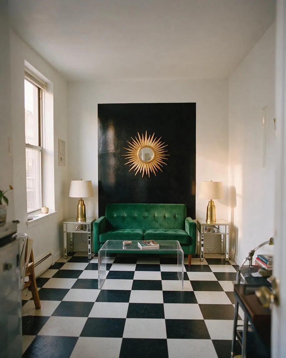 A small studio apartment styled in Hollywood Regency fashion with a black accent wall, a gold sunburst mirror centered above a deep green velvet sofa, and mirrored side tables with brass lamps on each side. The room has a bold black-and-white checkered floor and a clear acrylic coffee table that keeps the compact space feeling open and elegant.