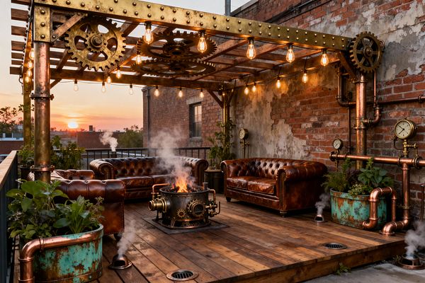 An outdoor rooftop patio in steampunk style features a riveted brass pergola with large gears and hanging Edison bulbs, copper pipes with pressure gauges along a weathered brick wall, and two brown leather Chesterfield sofas around a gear-clad metal fire pit on a reclaimed wood deck. Verdigris copper planters and floor steam vents release vapor as the sunset casts warm amber light across the industrial seating area.