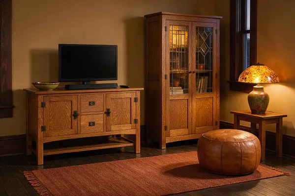 A cozy Craftsman-style media room features a flat-screen TV on a wooden cabinet, a tall glass-front display cabinet, and a leather pouf on a rust-colored rug. Warm amber lighting from a stained-glass table lamp and dark wood trim create an inviting, traditional atmosphere.