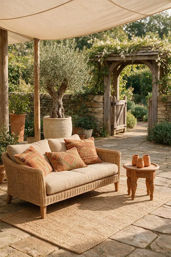 An outdoor bohemian seating area features a woven rattan sofa with beige cushions and patterned throw pillows on a natural jute rug. A small carved wooden side table, potted olive tree, stone paving, and a vine-covered garden gate create a warm rustic setting beneath a light fabric canopy.