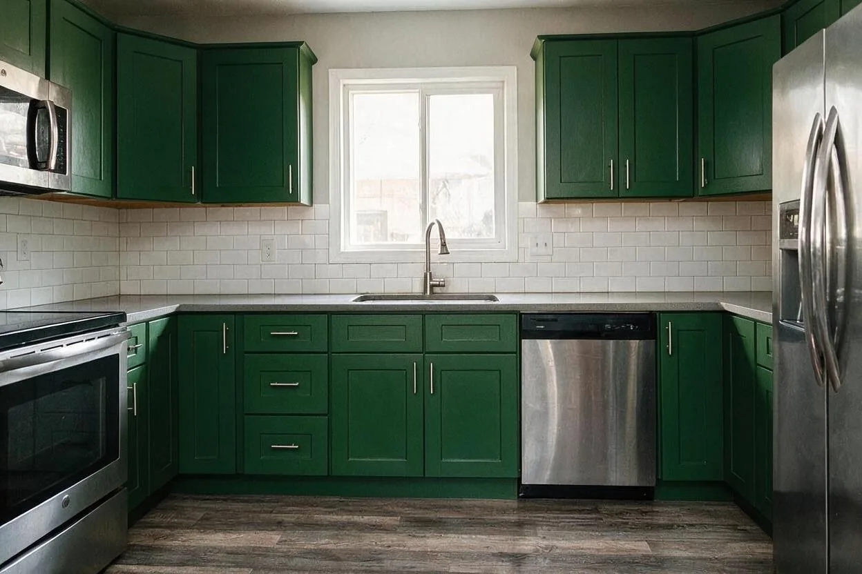 The same room after: Paint the cabinets a deep forest green.