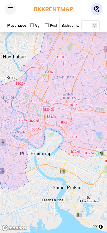 A mobile interface displaying a rental map of Bangkok with various price markers.