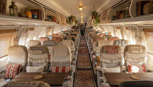 The image depicts a beautifully designed airplane interior featuring cozy, patterned seating and decorative elements.
