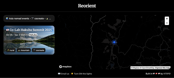The image displays a map interface highlighting the Co-Lab Hakuba Summit 2025 event details.