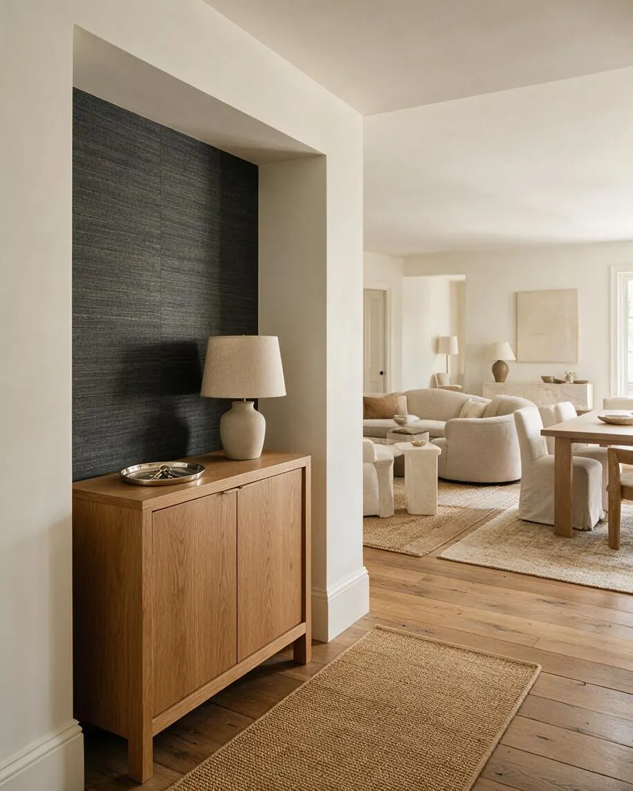 A transitional entryway features a light oak cabinet with a beige table lamp and silver tray set against a dark textured accent wall inside a recessed alcove. Wide-plank wood flooring and a natural jute runner lead into a soft neutral living and dining space with upholstered seating, stone tables, and layered cream textiles.