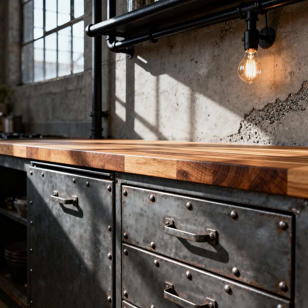 Close-up of an industrial kitchen featuring riveted, weathered steel drawers and cabinets beneath a thick oak butcher block countertop. A raw concrete wall with black iron pipe rails supports an exposed Edison bulb, while large factory-style steel windows cast grid shadows across the surfaces; open shelving with dark dishes appears at the left, and warm wood and amber light contrast with cool gray concrete and gunmetal metalwork.