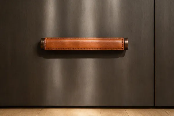 A close-up of a modern cabinet front in dark brushed metal with a centered horizontal leather pull. The pull is tan brown leather with stitched edges and brass or bronze end caps, set above a light wood floor.