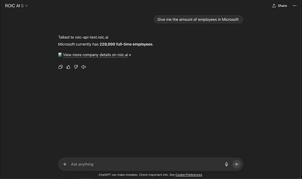 The image displays a chat interface showing a conversation with the ROIC AI tool regarding Microsoft employee statistics.
