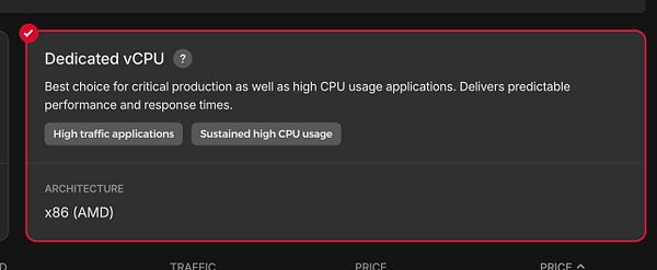 The image displays a user interface section for selecting a dedicated vCPU option for a VPS.
