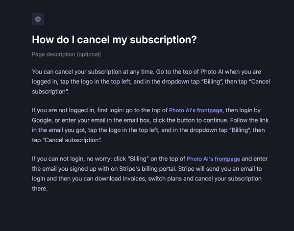 The image displays a help document detailing the steps to cancel a subscription for Photo AI.