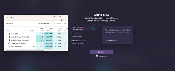 The image displays a task manager interface alongside a 'What's New' section for a software application.