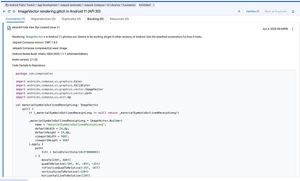 The image displays a screenshot of an issue report in the Google Tracker related to rendering glitches of ImageVectors in Android 11.