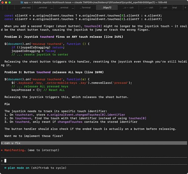 The image displays a code snippet related to fixing a mobile joystick issue in a game application.