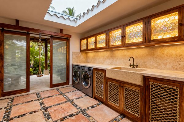 A tropical-style laundry room features a long run of teak cabinets with backlit capiz shell upper doors and woven rope lower panels, topped with a travertine countertop and a carved stone farmhouse sink with a brass faucet. A terracotta floor inlaid with river-rock pebbles leads to wood-framed sliding glass doors that open to lush greenery, while a large skylight and under-cabinet lighting illuminate stainless front-load washer and dryer units.