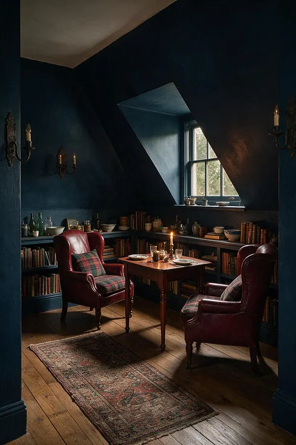 A compact Dark Academia dining room with deep blue walls, angled ceiling planes, and built-in bookshelves lined with books and pottery. Two burgundy leather wingback chairs flank a small wooden table set with candles and tableware, while a patterned rug and warm wood floors add a scholarly, intimate atmosphere.