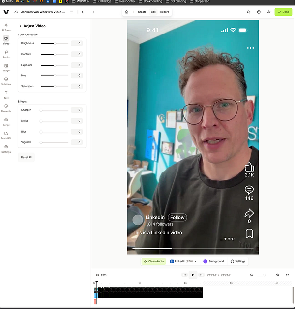 Screenshot of a LinkedIn video post by Jan-Kees van Woezik discussing AI agent assistance with WBSO time tracking.