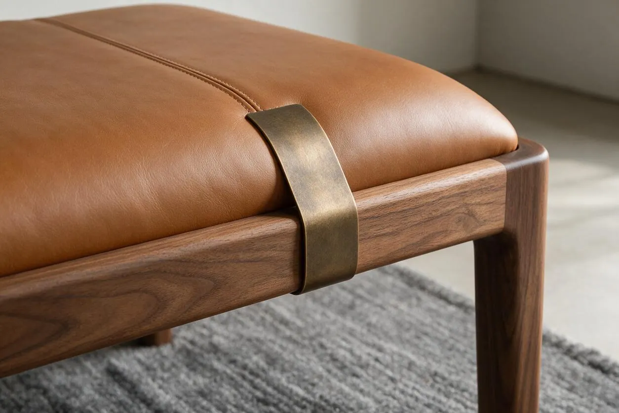 A close-up of a transitional bench featuring a warm tan leather cushion with visible stitching, a walnut wood frame, and a curved brass support band at the corner. The bench sits on a soft gray rug against a neutral interior background.
