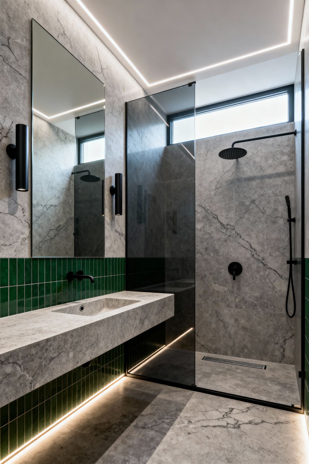 A contemporary bathroom with gray stone-look walls and floors, a floating stone vanity with an integrated rectangular sink, and a band of glossy emerald vertical tiles forming the backsplash. Frameless mirrors and black cylindrical sconces face a walk-in shower with a clear glass screen, matte black rain head and hand shower, a linear drain, a high clerestory window, and subtle LED lighting at the ceiling perimeter and along the floor for a soft, even glow.