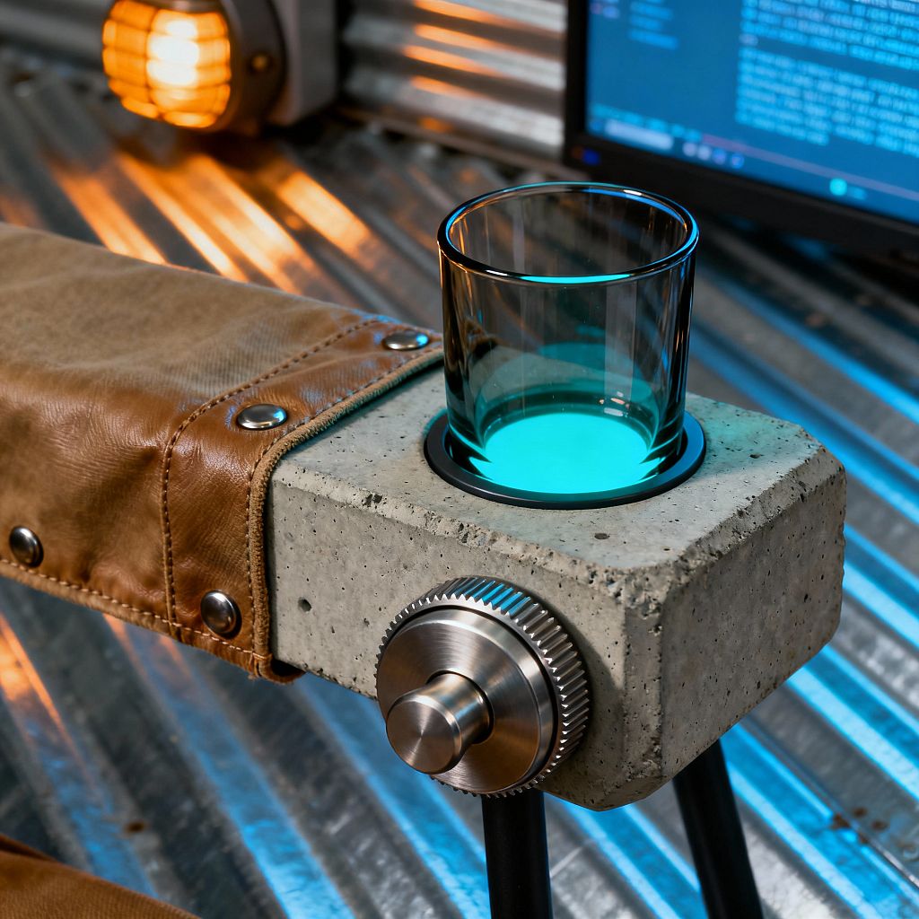 Close-up of an industrial media room armrest made from cast concrete with an integrated cup holder that glows cyan beneath a smoked glass tumbler. A knurled brushed-steel dial is set into the concrete, while a tan leather pad with riveted edges covers the top. In the background are corrugated galvanized metal panels lit with cool blue accents, the edge of a monitor, and a warm caged wall sconce, creating a contrast of cool and warm tones.