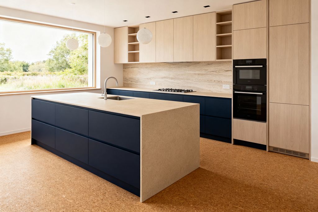 A bright modern kitchen features deep navy lower cabinets with handleless fronts, light oak upper cabinetry with open cubbies, and a sandy beige quartz waterfall island with an undermount sink and stainless gooseneck faucet. A travertine slab backsplash runs behind an integrated gas cooktop, while stacked black wall ovens, globe pendant lights, recessed ceiling spots, cork flooring, and a large picture window framing greenery complete the calm, minimalist space.