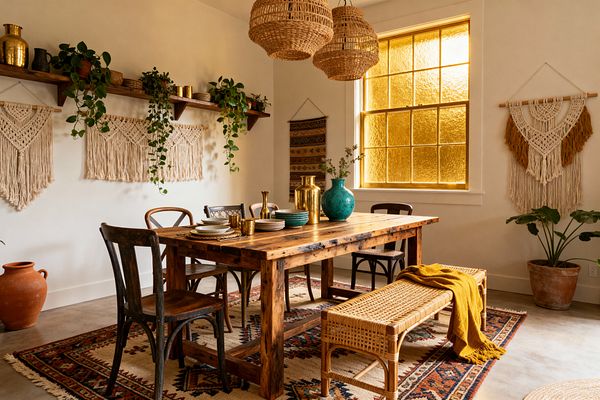 A Bohemian dining room with a rustic reclaimed-wood table on patterned kilim rugs, surrounded by mismatched dark wood chairs and a rattan bench. Woven rattan pendant lights hang above, macramé wall hangings and a floating shelf with trailing plants and brass vessels decorate cream walls, and an amber textured-glass window casts warm light over stoneware tableware, teal ceramics, and a terracotta potted plant on a smooth concrete floor.