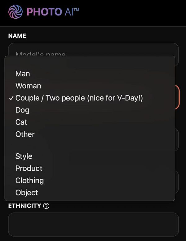 The image displays a user interface for selecting options related to training an AI model.