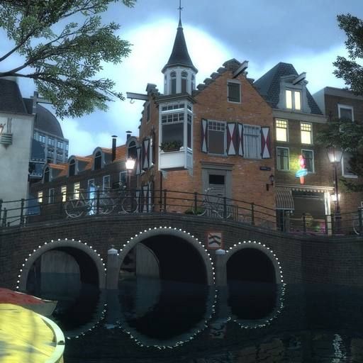 A detailed night-time scene from a video game showing a canal with a brick bridge and Amsterdam-style buildings.