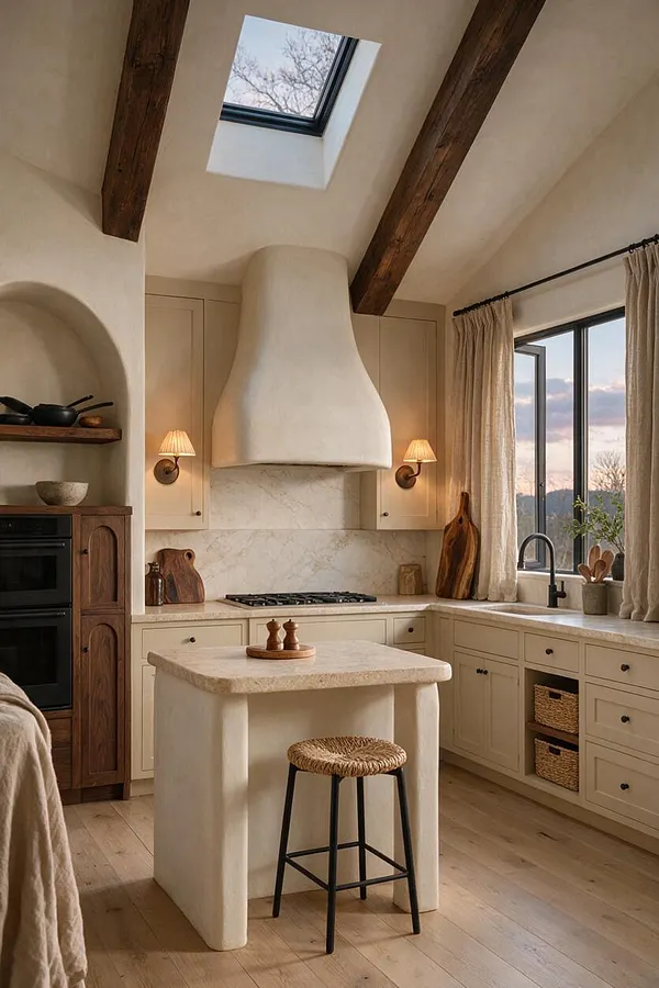 A warm organic modern kitchen with creamy cabinetry, a sculpted plaster range hood, exposed dark wood ceiling beams, and a central plaster island with a stone top. Natural light enters through a skylight and large black-framed window, highlighting linen curtains, woven textures, and earthy wood accents.