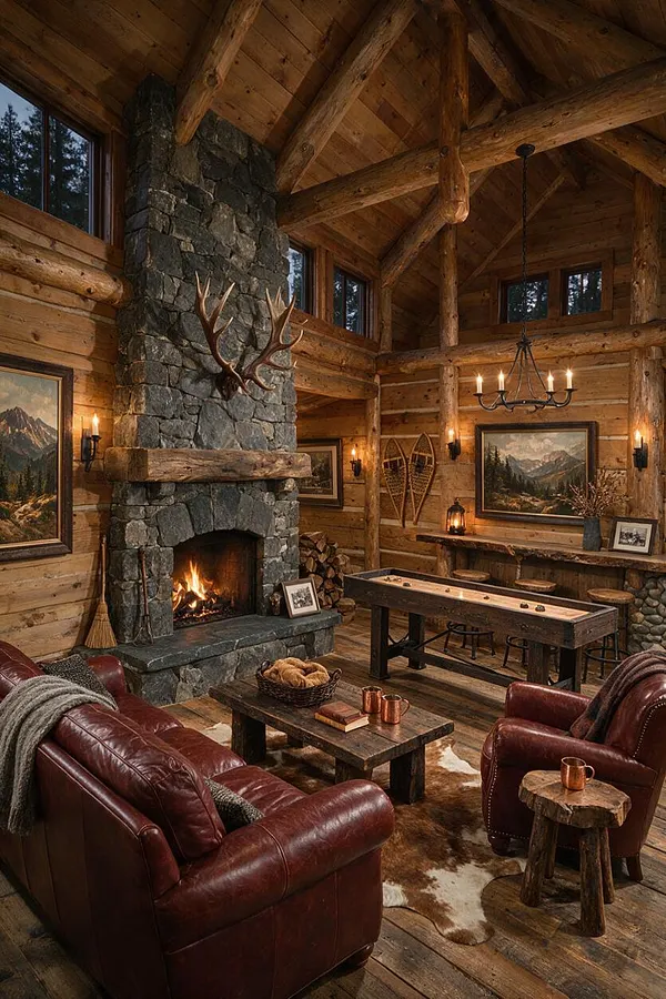 A rustic game room with a tall stone fireplace centered on a wood-paneled wall, topped by mounted antlers and surrounded by warm wall sconces. The room includes a shuffleboard table, leather seating, log beams, antler wall decor, and a chandelier hanging from the vaulted ceiling.